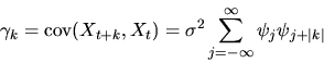 \begin{displaymath}\gamma_k = \mbox{cov}(X_{t+k},X_t) = \sigma^2 \sum_{j=-\infty}^\infty
\psi_j \psi_{j+\vert k\vert}
\end{displaymath}