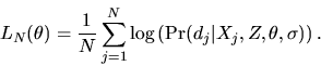 \begin{displaymath}L_N(\theta) = {1 \over N} \sum_{j=1}^N \log\left(
\mbox{Pr}(d_j\vert X_j,Z,\theta,\sigma) \right).
\end{displaymath}
