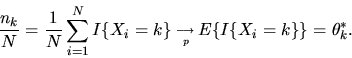 \begin{displaymath}{ n_k \over N} = { 1\over N} \sum_{i=1}^N I\{X_i = k\}
\,_{\longrightarrow \atop p} E\{ I\{X_i=k\}\} = \theta^*_k.
\end{displaymath}