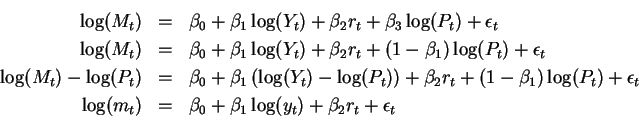 \begin{eqnarray*}\log(M_t) &=& \beta_0 + \beta_1 \log(Y_t) + \beta_2 r_t + \beta...
...g(m_t) &=& \beta_0 + \beta_1\log(y_t) + \beta_2 r_t + \epsilon_t
\end{eqnarray*}